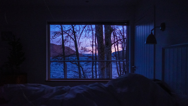 lake, lamp, room, window, 4K, bed, trees, sunset