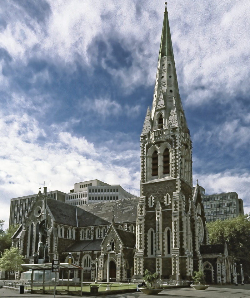 place of worship, outdoors, low angle view, travel destinations, religion, building, built structure, 8K, ornate, new zealand, church, earthquake, spire