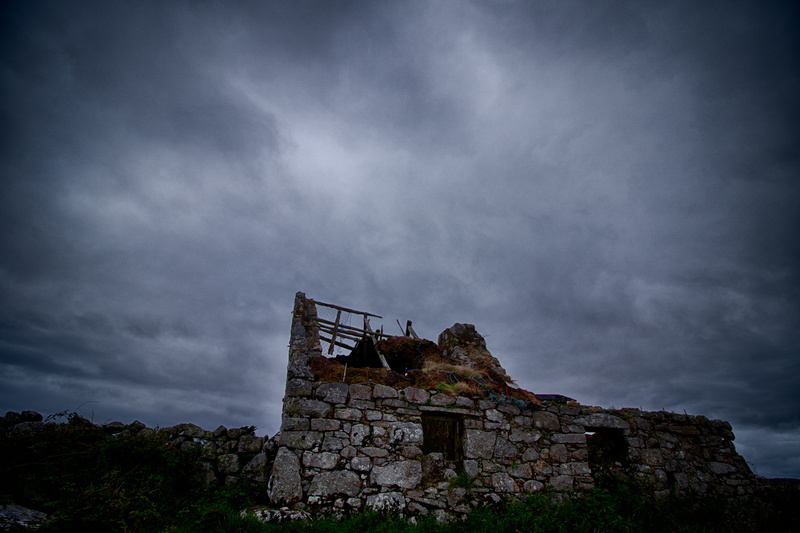 outdoors, sky, house, built structure, ruin, overcast, architecture, connemara national park, night, storm, landscape, dark, letterfrack, wall, famine