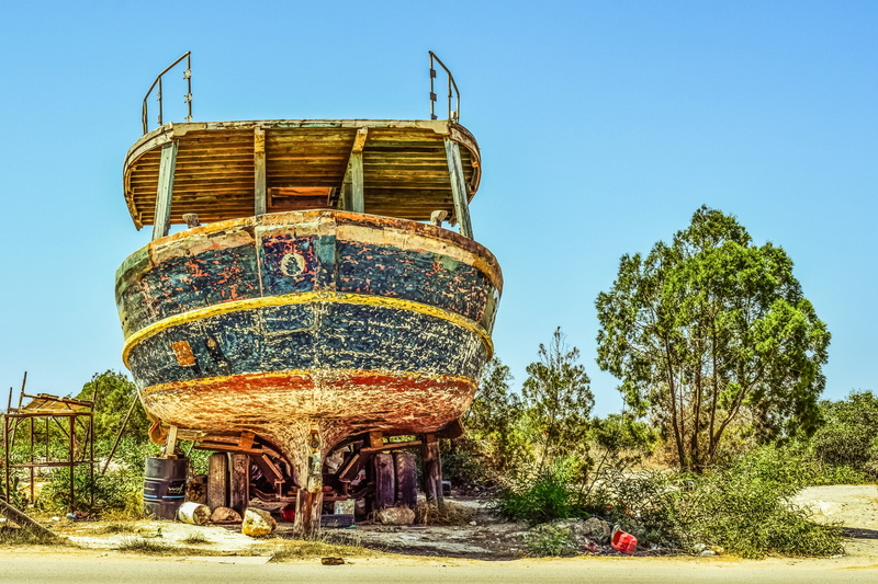 old, boat, built structure, obsolete, grounded, blue, weathered, 5K, decay, sky, sunlight, mode of transportation, nature, wreck, tree, broken, abandoned