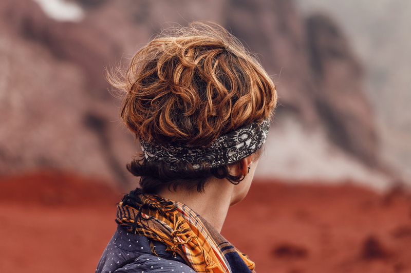 portrait, wearing, one person, mountain, brown hair, facing, women, focus on foreground, headband, individuality, scarf, woman, young adult, person, adult