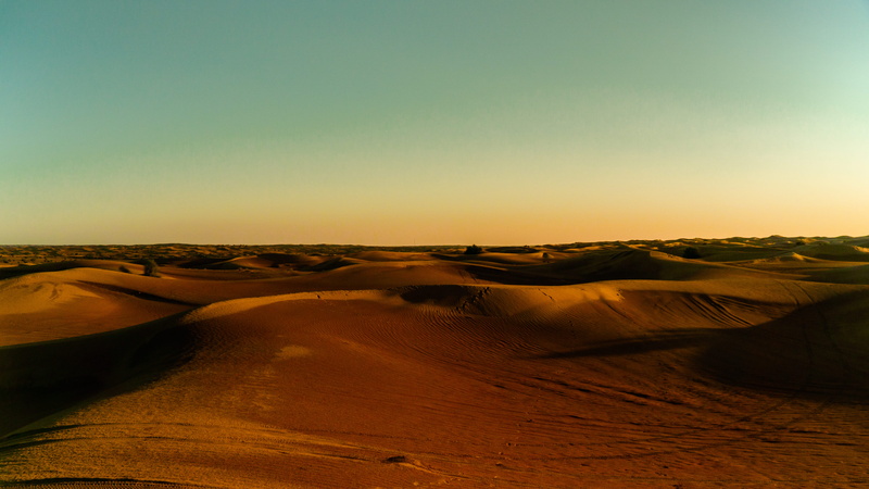 outdoors, united arab emirates, no people, beauty in nature, tranquil scene, landscape, brown, scenics - nature, 5K, land, dusk, red sky, sand, dessert