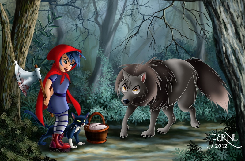 little red riding hood, girl, basket, fernl, wolf, art, forest, 1080P, axe, Red Riding Hood, cat, blood