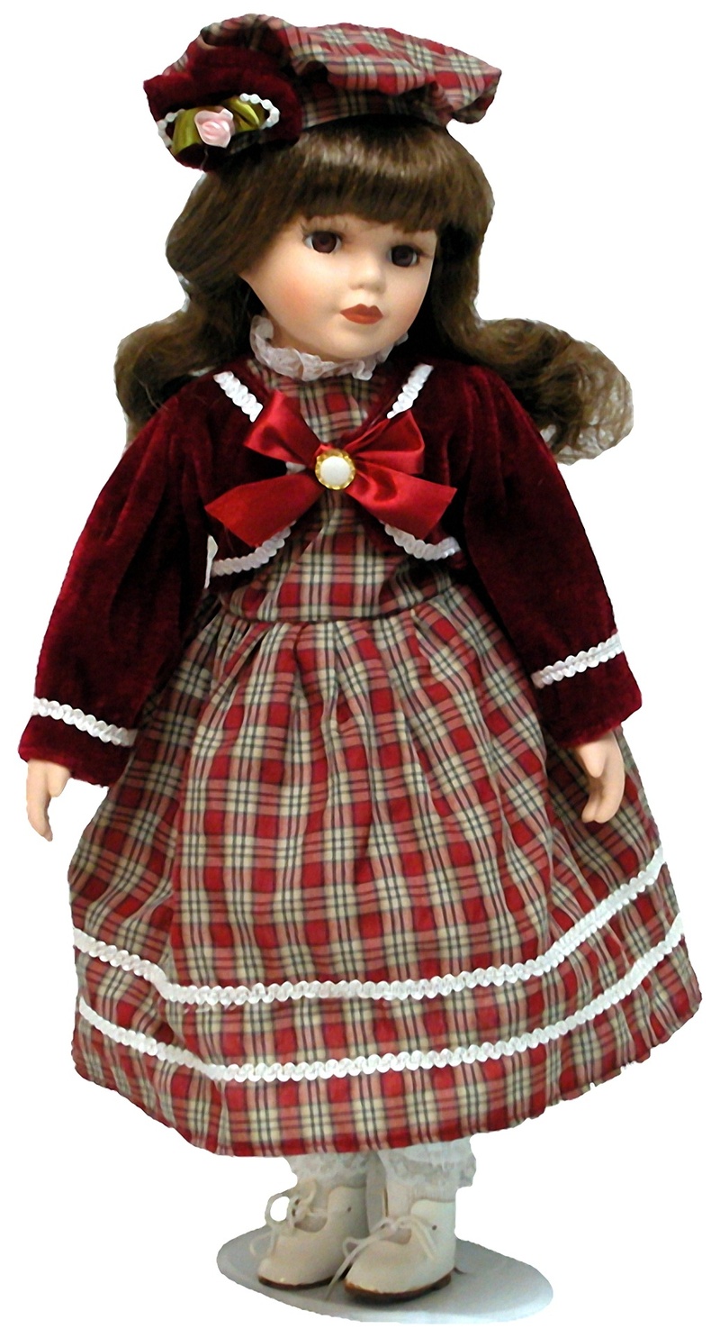 porcelain, girls, red, child, hairstyle, toy, doll, women, scarf, indoors, full length, hat, haired, standing, warm clothing, studio shot, porcelain doll