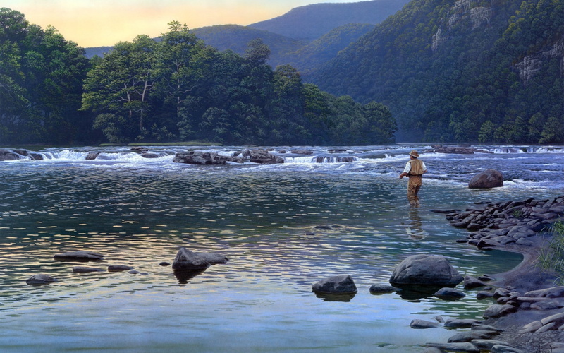 mountains, agnew, men, sports, mood, river, fishing, painting, nature, mountain, 1080P, heaven