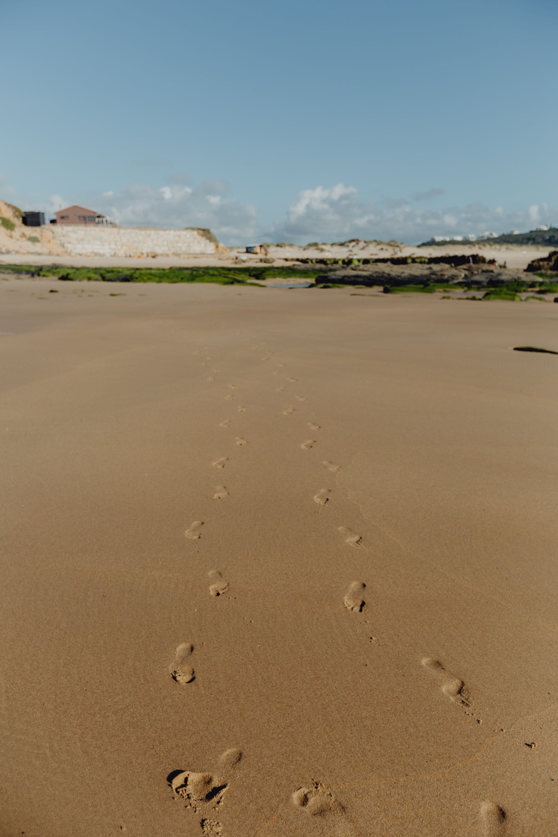 sandy, sand, wet, shore, algarve, footprints, beauty in nature, no people, tranquility, walk, sea, sunlight, Europe, sky, outdoors, portugal, foot, tranquil scene