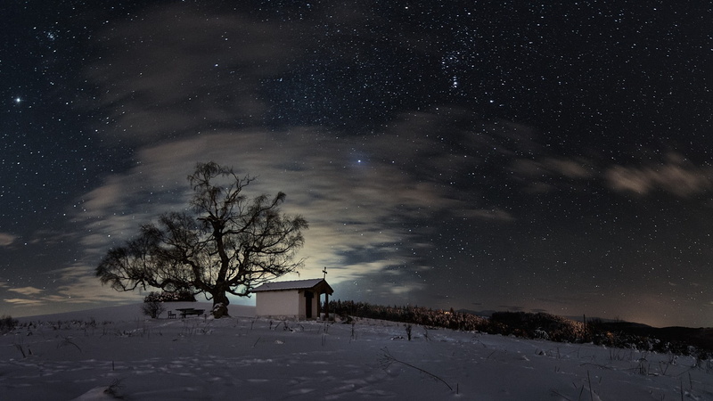 bench, 1080P, church, nature, night, footprints, forest, winter, hills, sky, cross, branch, clouds, lights, stars, landscape, snow, trees, long exposure