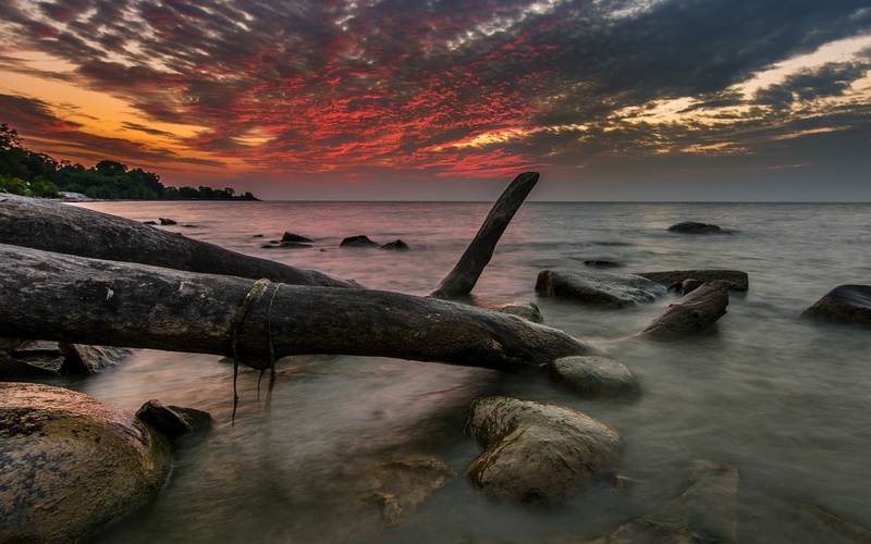 beauty in nature, sky, no people, beach, horizon, rock - object, sunset, water, solid, clouds, 1080P, rock, cloud - sky, idyllic, tranquility, orange color