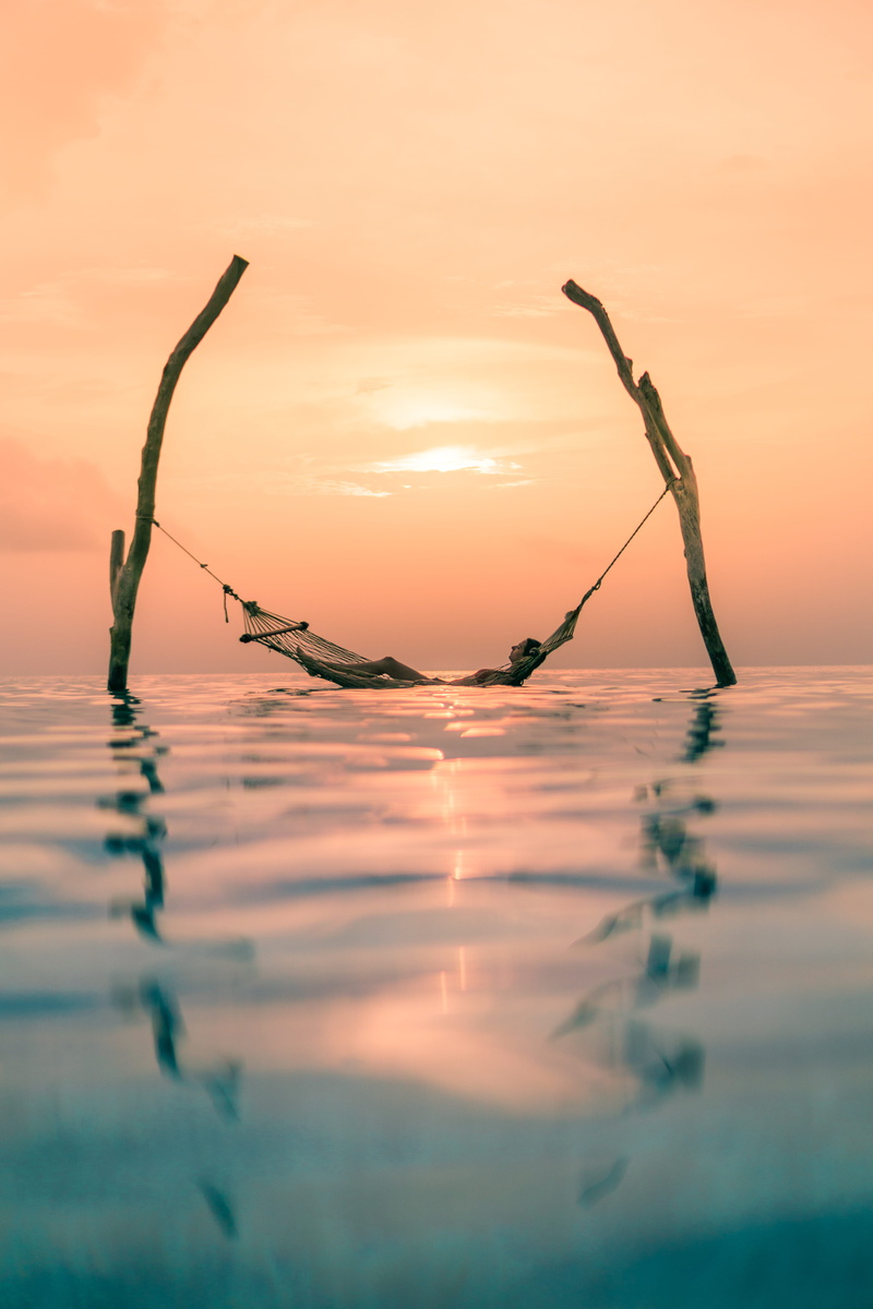 sea, magic, sun, orange color, summer, sky, hammock, hanging, 5K, land, person, paradise, scenics - nature, idyllic, water, outdoors, sunrise, calm, ocean