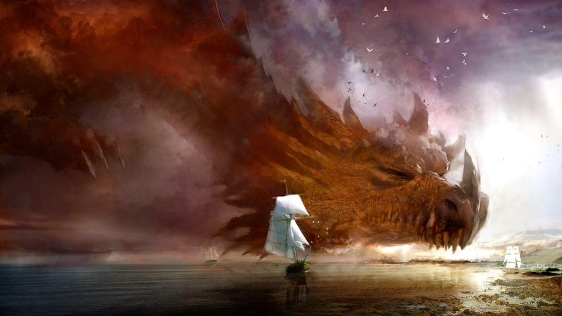full length, sea, adult, digital composite, sport, warning sign, one person, smoke - physical structure, nature, motion, dragon, sky, outdoors, ship, artwork