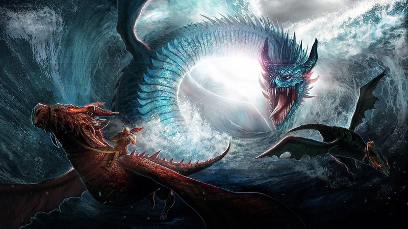 dragon, warrior, fight, ocean, dragons, fantasy art, 1080P, sea