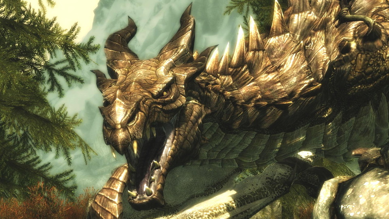 skyrim, video game, elder scrolls, brown, dovah, illustration, dragon, enemy, smiling, 1080P, games, reptile