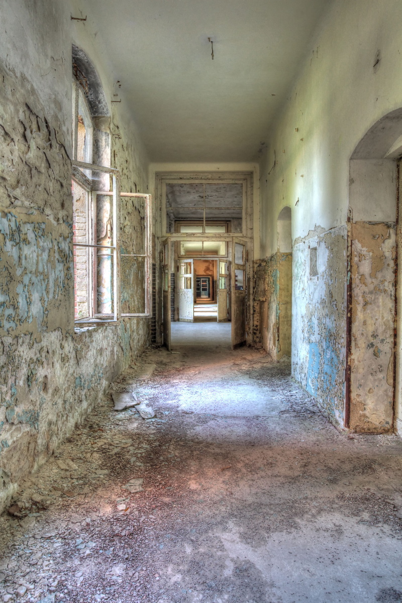 hospital, abandoned places, ruined, arcade, wall, damaged, lost, lost places, architecture, architectural column, built structure, flooring, old, empty