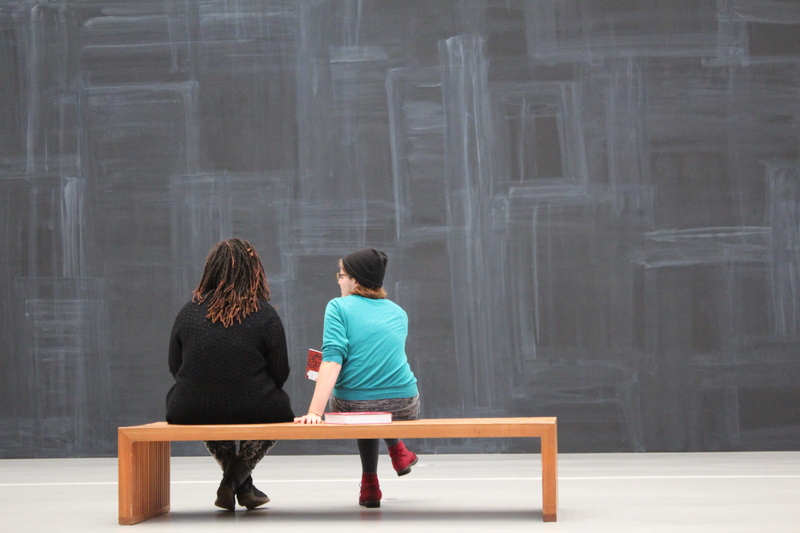 museum, adult, exhibition, blackboard, education, visitors, bank, rear view, two, sitting, student, copy space, people, togetherness, learning, women, board