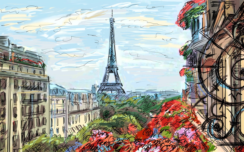 2K, france, painting, artwork, houses, clouds, sky, art, french, tower, eiffel, paris
