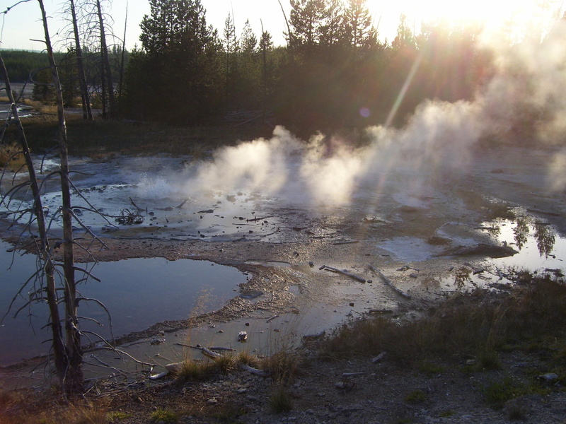 yellowstone national park, norris, 1080P, 3d and abstract, yellowstone, geyser, sunset, hot spring