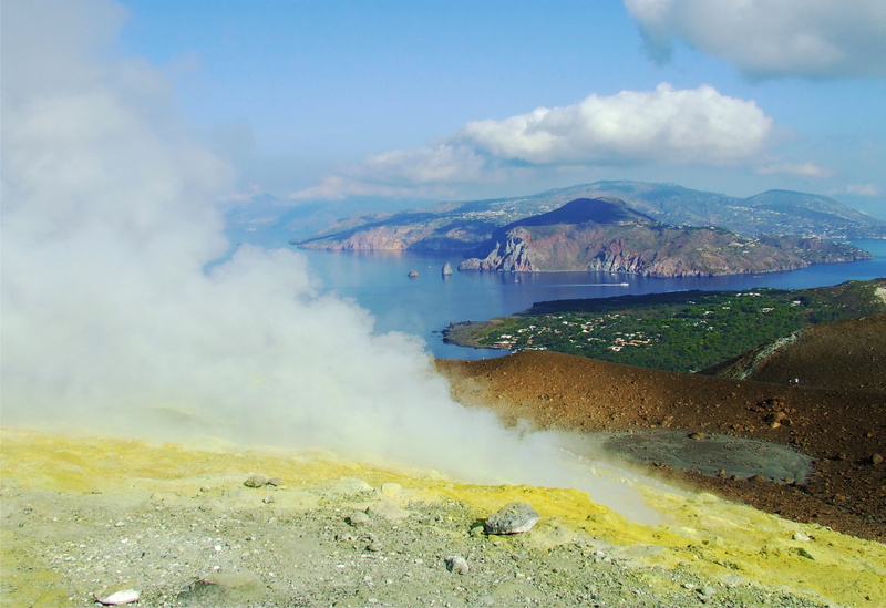 sicily, power in nature, landscape, volcanic crater, landmark, thermal, tranquil scene, cloud, non-urban scene, park, volcano, geyser, land, day, sulfur