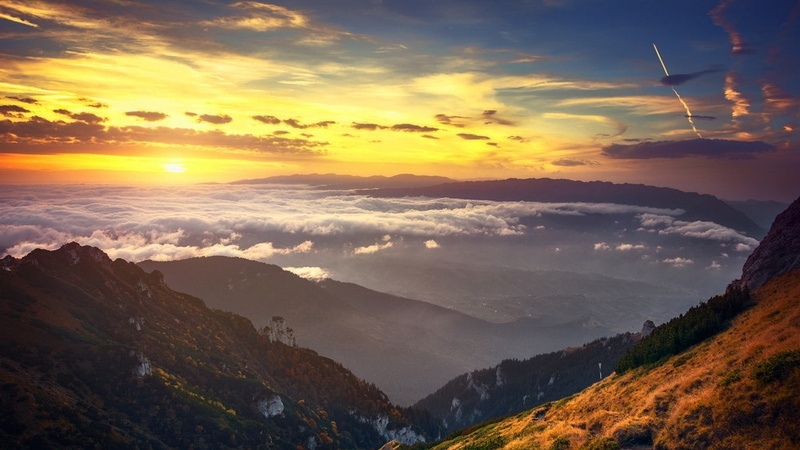 sun, environment, sunset, shrubs, mountain, sunlight, landscape, tranquility, water, scenics - nature, orange color, cloud - sky, clouds, yellow, outdoors