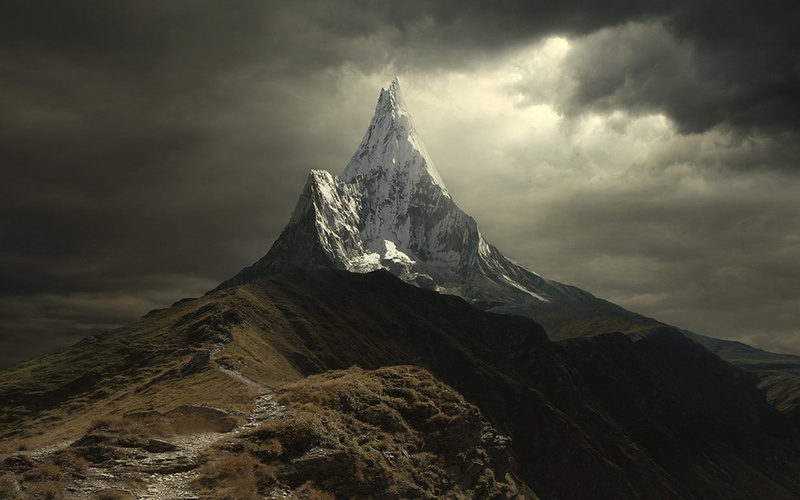 atmosphere, path, snowy peak, sunlight, dry grass, sky, landscape, 480P, clouds, nature, mountains, depth of field