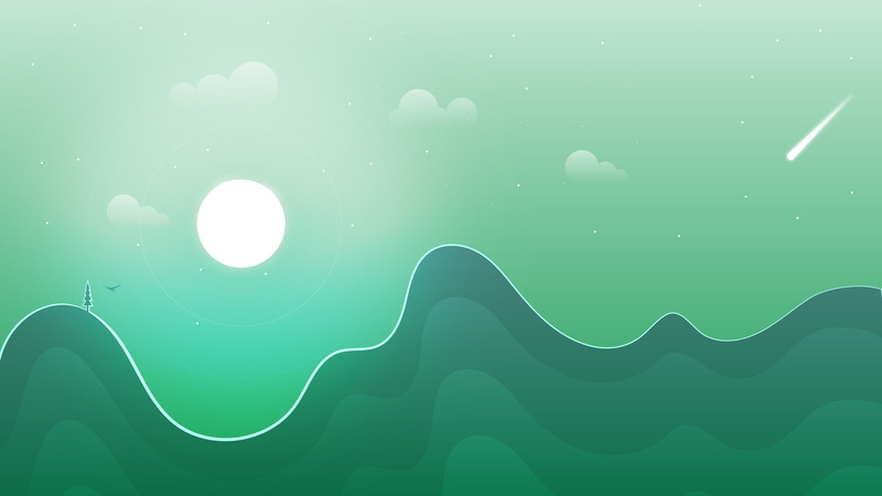 digital art, minimalism, hills, 8K, clouds, green background, Moon, nature, trees, landscape