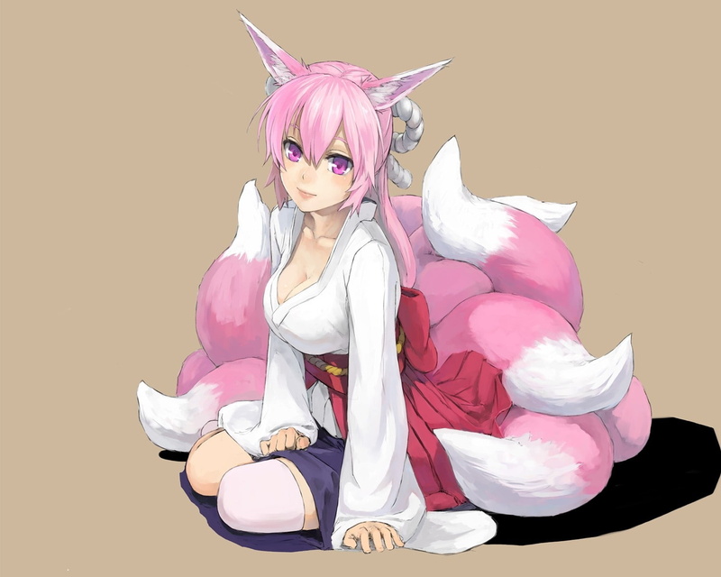 sitting, ears, art, shadows, pink hair, people, thigh, hd, long, animal, fox, 720P, Cleavage, highs, animal ears, eyes, girls, tails, hair, pink, bows