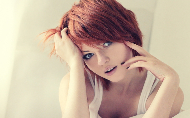 women, face, white, tank top, redhead, black nails, Vladlena Venskaya, hands on head, short hair, looking at viewer, 1080P, painted nails, blue eyes