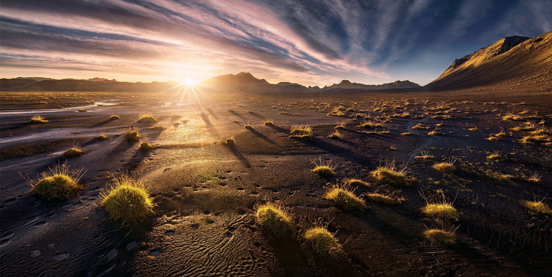 sunset, mountain, landscape, no people, travel, scenics - nature, environment, field, Iceland, land, 720P, sky, desert, cloud - sky, sunlight, agriculture
