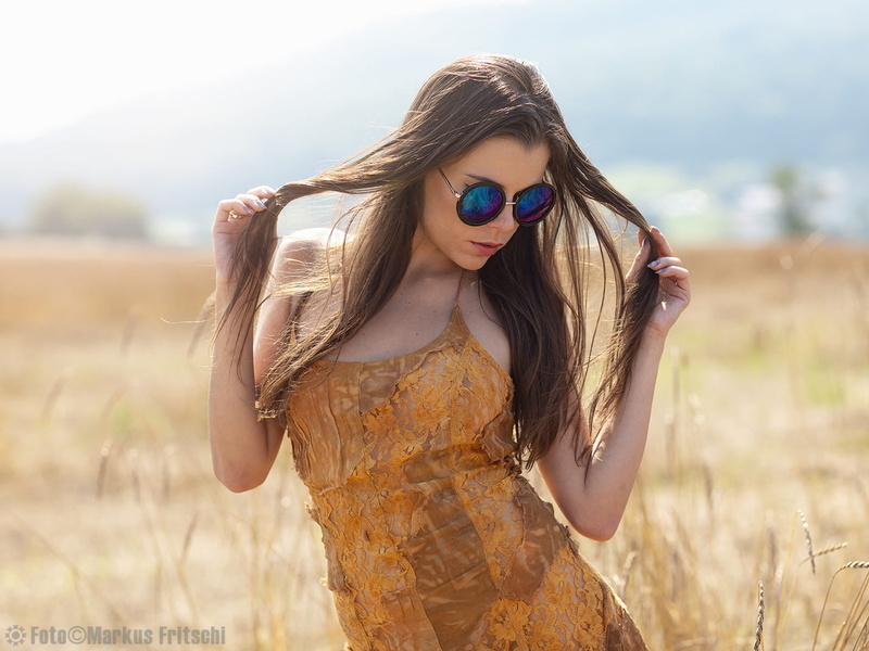 long hair, Markus Fritschi, glasses, fashion, beautiful people, model, adult, beauty, hairstyle, sunglasses, 720P, freedom, brown hair, field, beautiful woman