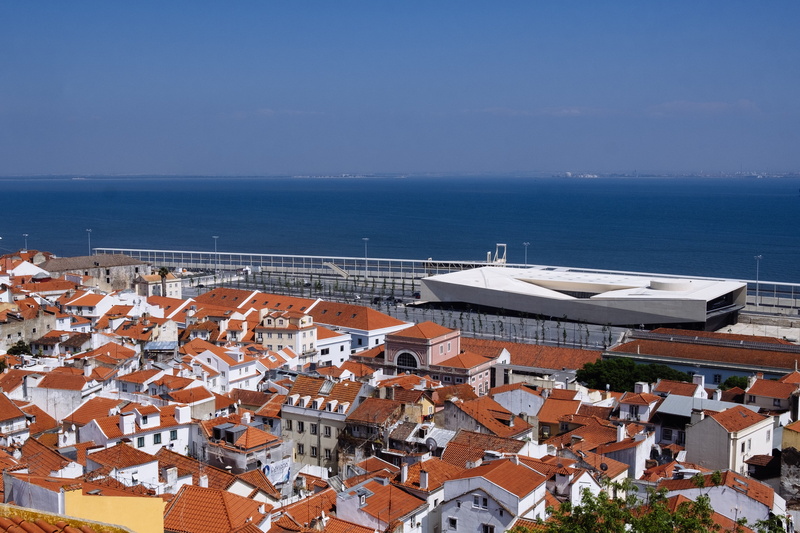 townscape, lisbon, alfama, cityscape, blue, water, residential district, house, orange, architecture, built structure, sky, sea, portugal, horizon, building exterior