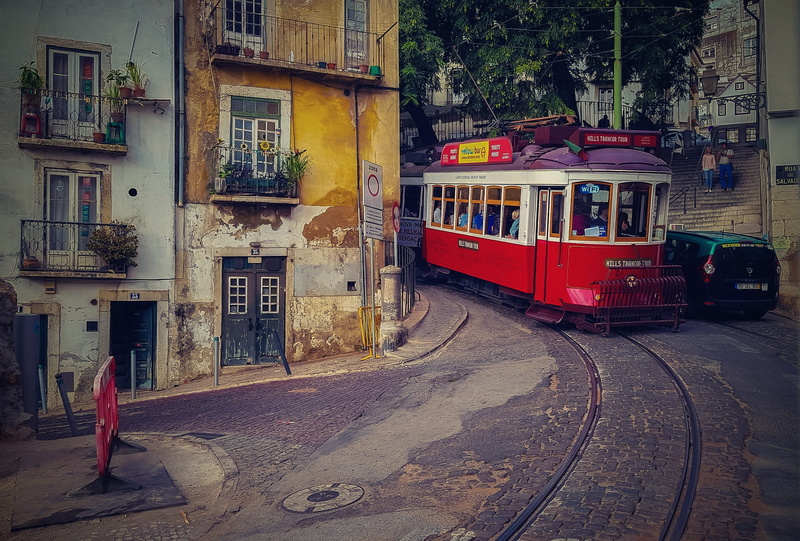 old town, building, land vehicle, alfama, 1080P, transport, tram streetcar, tram, incidental people, lisbon, public transportation, building exterior