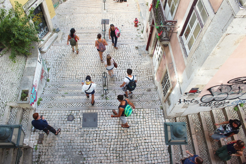 group of people, staircase, 5K, lisbon, grafitti, men, steps and staircases, women, building, leisure activity, crowd, day, outdoors, lisbonne, built structure