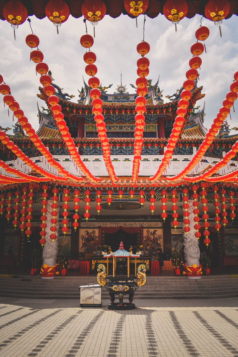 lantern, place of worship, shrine, temple, outdoors, festival, 5K, building exterior, red, hanging, buntings, cloud - sky, built structure, belief, decoration