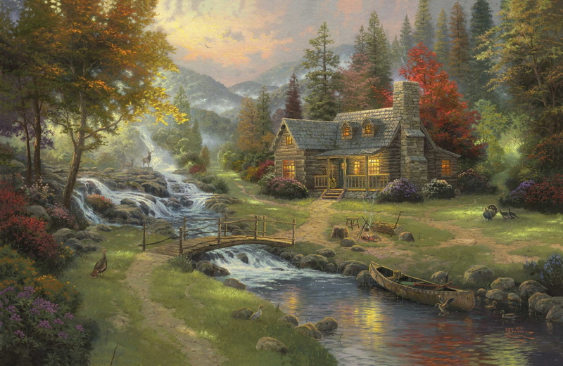 Cottage, Cabin, Artistic, 1080P, Bridge, Tree, Colorful, Pond, Colors, Painting