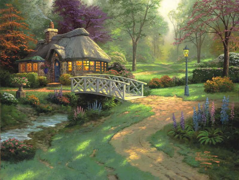 nature, beauty in nature, plant, Painting, reflection, bridge - man made structure, Light, park - man made space, Flower, Artistic, lake, 1080P, outdoors