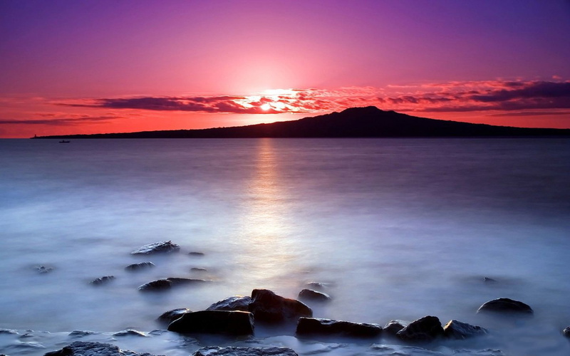 landscape, sea, purple sky, sunset, long exposure, island, 720P, silhouette