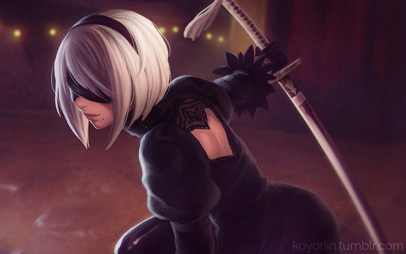 Blindfold, Girl, Katana, Short Hair, Sword, YoRHa No.2 Type B, Headband, 1080P, White Hair, Glove, Black Dress, Video Game, Dress, Weapon, NieR: Automata