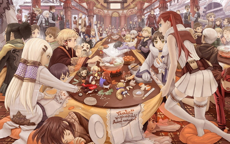 skirts, chibi, hd, red, eyes, redheads, glasses, Blue Eyes, sleeping, blondes, twintails, food, 1080P, holidays, groups, meg, blue, people, art