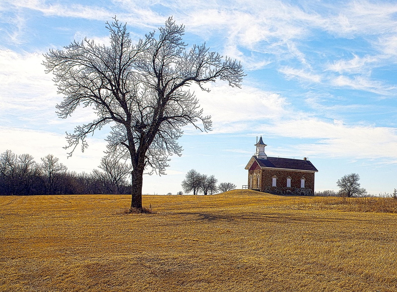 Schoolhouse, leafless, Abandoned, rural scene, outdoors, Scenery, Tree, Nature, bare tree, white, Scene, chapel, religion, built structure, Flint Hills