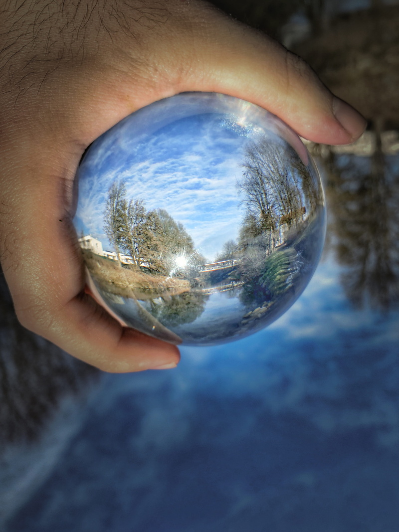 human body part, glass, human hand, glass - material, sky, focus on foreground, landscape, photo, photo sphere, glass ball, one person, lensball, nature