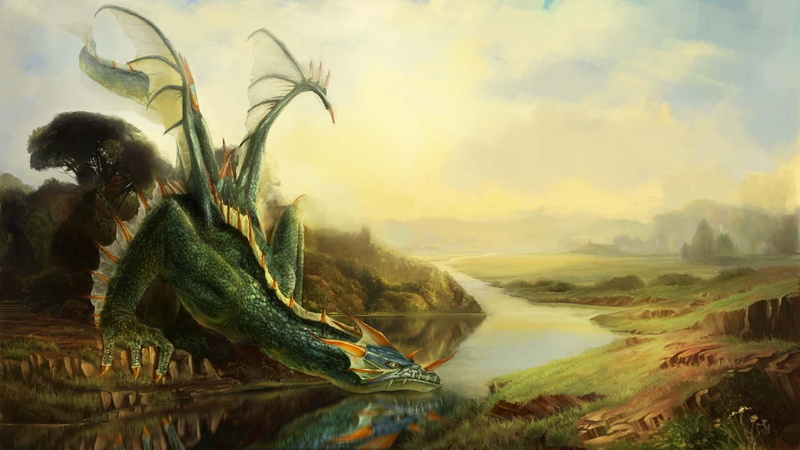 fantasy, green, 3d and abstract, dragon, wings, water, 1080P, thirsty, drink