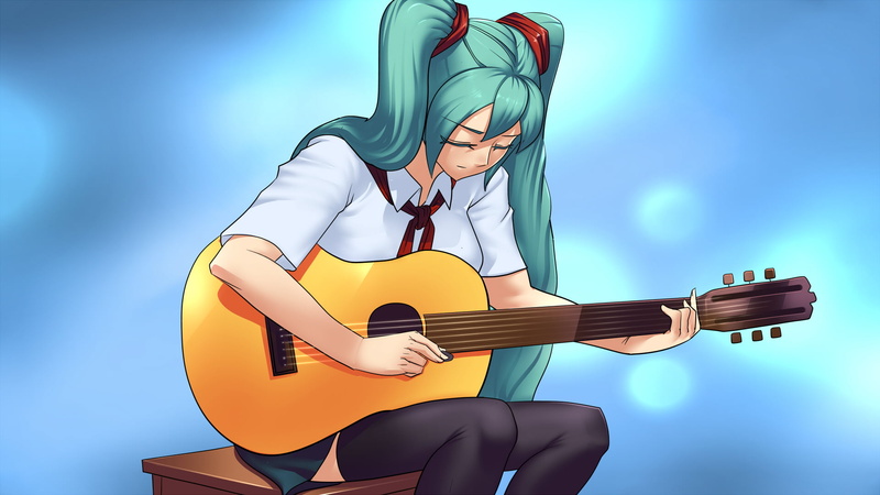 Everlasting Summer, green hair, guitar, 1080P, visual novel, CG, Hatsune Miku, Soviet Games (everlasting Summer)