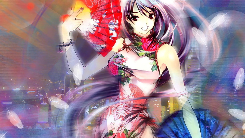beautiful woman, red eyes, leisure activity, one person, anime, motion, long hair, multi colored, graffiti, art and craft, Tenjou Tenge, looking at viewer