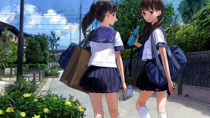 standing, child, two people, pre-adolescent child, uniform, outdoors, brunette, brown eyes, females, girls, school uniform, women, three quarter length