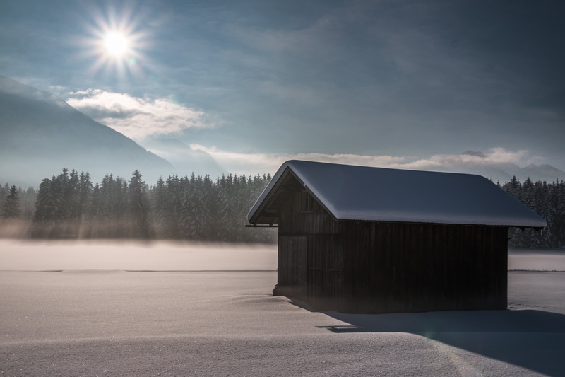 frozen, Morning, Deutschland, cold, snow, mountain, shack, Bayern, sky, Mist, DE, Fischen im Allgäu, 5K, brown, hut, Canon  EOS  70D, Winter, mountains