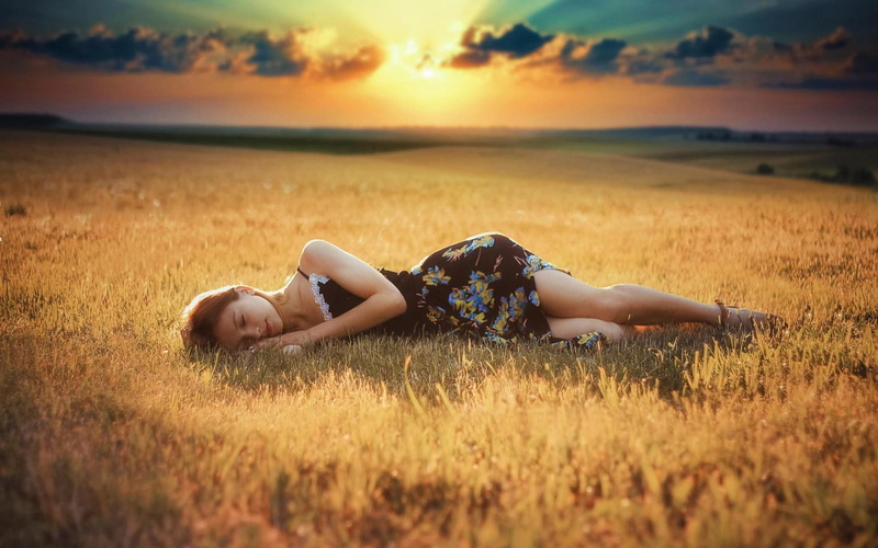 summer  dress, field, women, lying down, 1080P