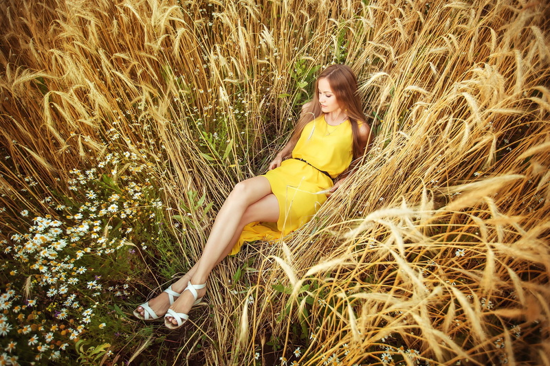 flowers, summer  dress, 1080P, women, women outdoors, model, field, yellow dress