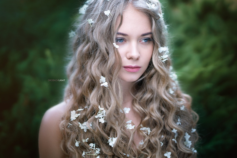 model, blonde, 2K, looking away, portrait, women outdoors, women, flower in hair, blue eyes, pale, face, bare shoulders, Lilia Bespalaya, outdoors, long hair
