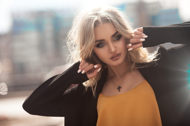 depth of field, front view, adult, portrait, focus on foreground, headshot, women, one person, beauty, yellow tops, 2K, young adult, open clothes, looking at camera