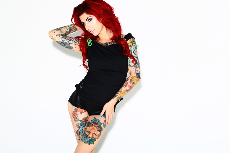 tattoo, studio shot, three quarter length, young women, dyed hair, women, painted nails, model, hair, standing, long hair, white background, redhead, looking at camera