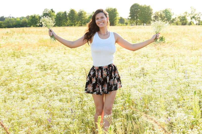 5K, Suzanna A, brunette, women outdoors, skirt, field, flowers, women, MetArt Magazine, smiling